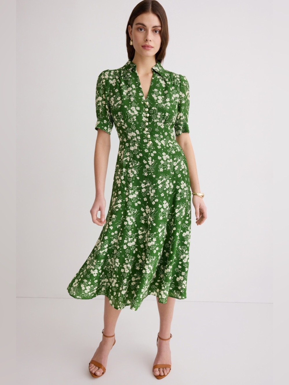 LK Bennett Green Floral Midi Dress US Sz 6